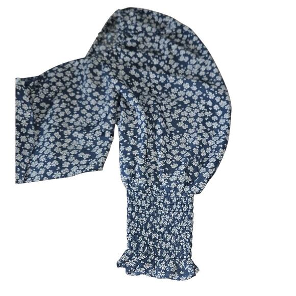 ACOA Crop Top Blue Floral Balloon Sleeve Blouse Women's Size Small Elastic Back - Picture 5 of 8